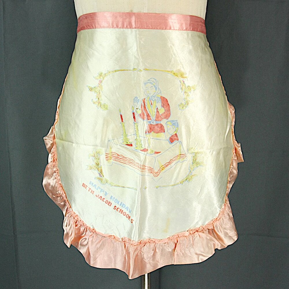 Vintage Beth Jacobs Schools Print Satin Ruffles Tie Back Half Apron 1950s 1960s